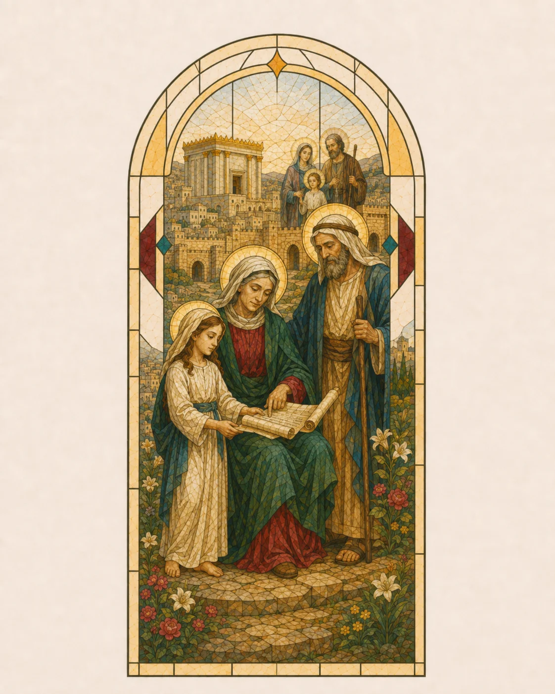 St Anne wearing a deep green mantle over a warm red tunic, guiding the young Blessed Virgin Mary as they read an open scroll together, with St Joachim beside them and the Jerusalem Temple, Golden Gate and three generations of the Holy Family represented behind her