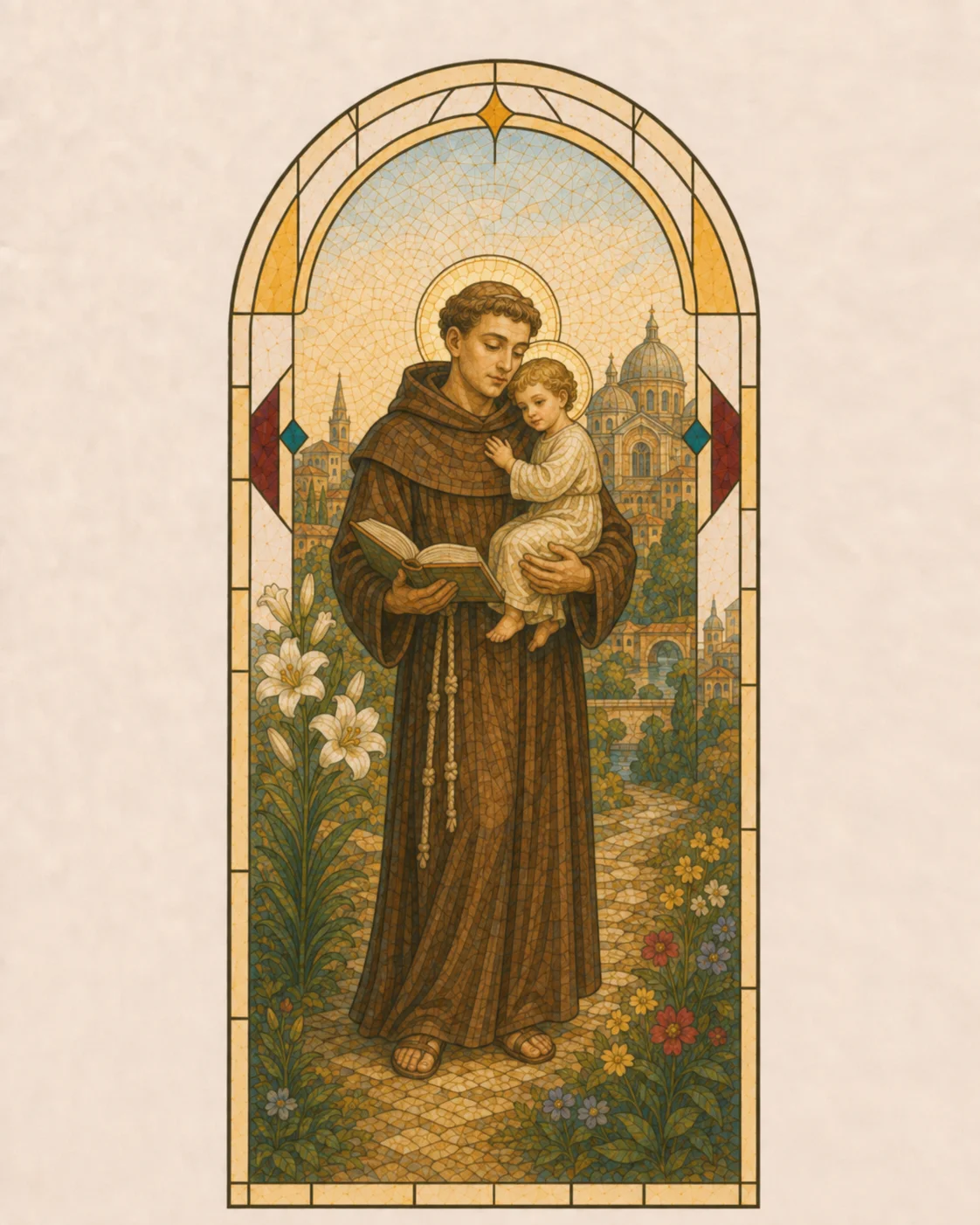 St Anthony of Padua wearing a simple warm brown Franciscan habit, holding an open Gospel as the Christ Child rests gently upon his arm, with a white lily beside him and the domes of Padua softly suggested in warm golden light