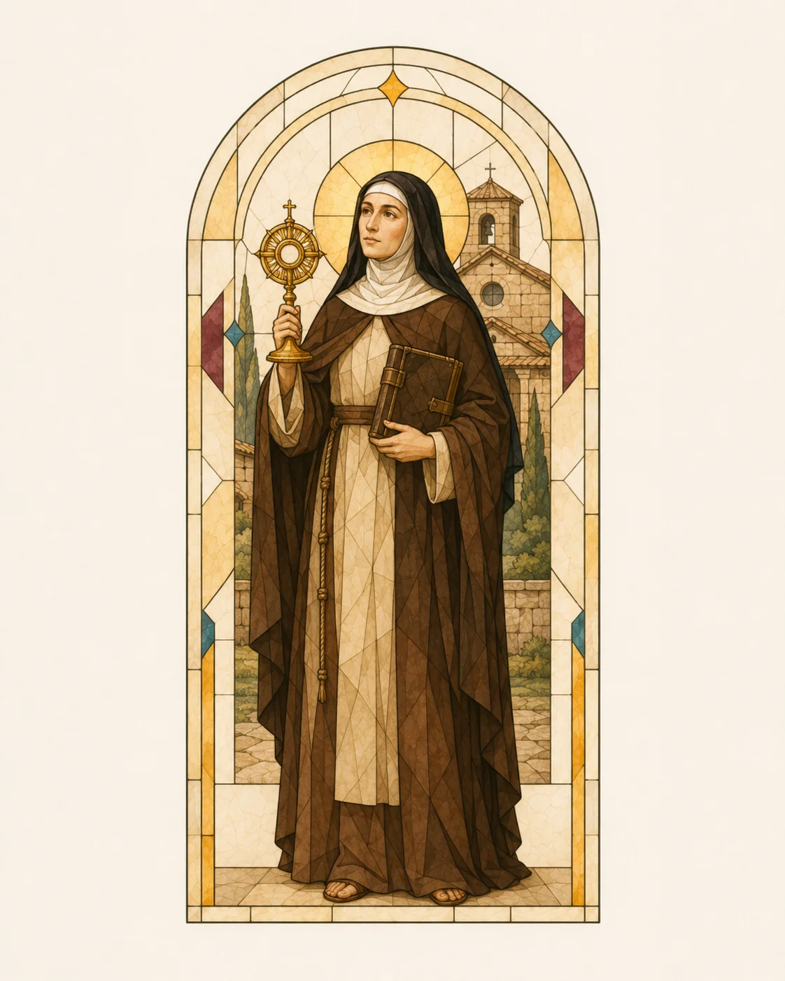 St Clare of Assisi wearing the brown and cream habit of a Poor Clare nun, holding a ciborium or monstrance and the Rule of her community, with San Damiano visible behind her.