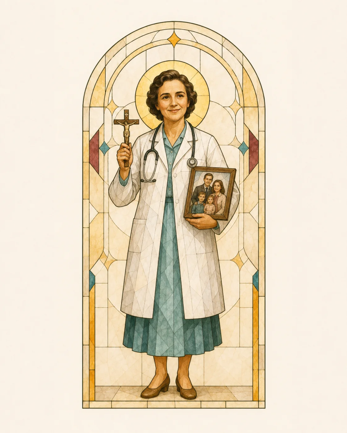 St Gianna Beretta Molla wearing a white medical coat with a stethoscope, smiling beside a family photograph and holding a crucifix.