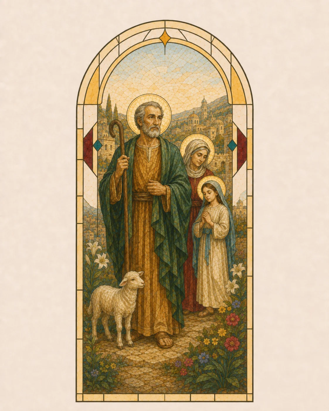 St Joachim wearing a warm ochre tunic and deep green mantle, holding a shepherd’s staff with a gentle lamb beside him, while St Anne and the young Blessed Virgin Mary appear quietly at his side against a softly suggested Jerusalem landscape in warm dawn light