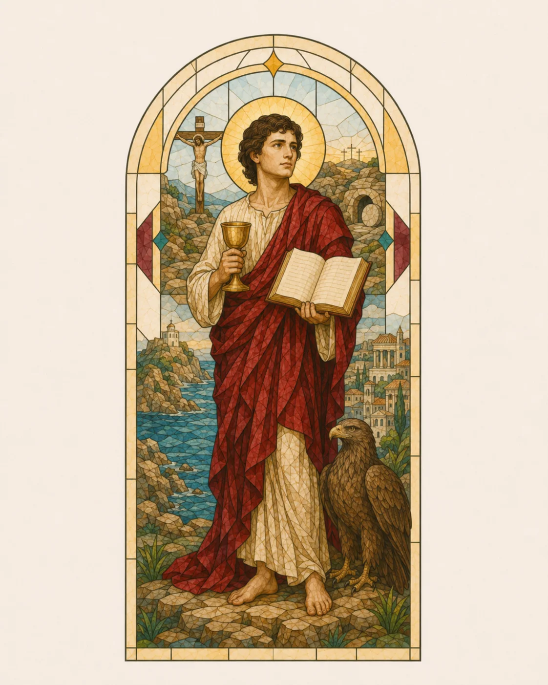 St John the Apostle wearing a cream tunic and red mantle, holding an open Gospel and a chalice with an eagle beside him, with the Crucifixion, empty tomb, island of Patmos and city of Ephesus represented behind him