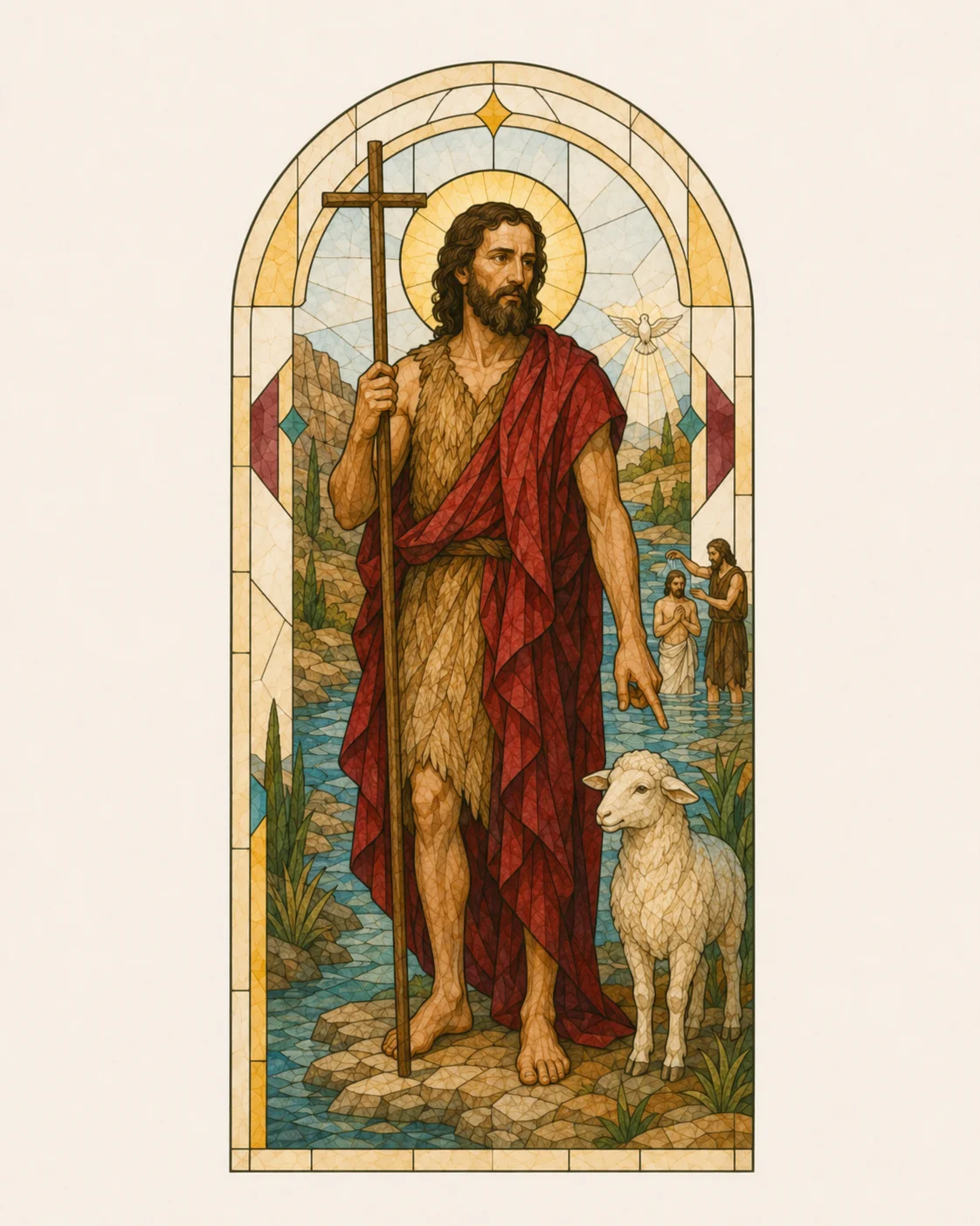 St John the Baptist wearing a camel-hair garment and red mantle, holding a cross-staff and pointing towards the Lamb of God beside the River Jordan, with the Baptism of Christ and the wilderness represented behind him