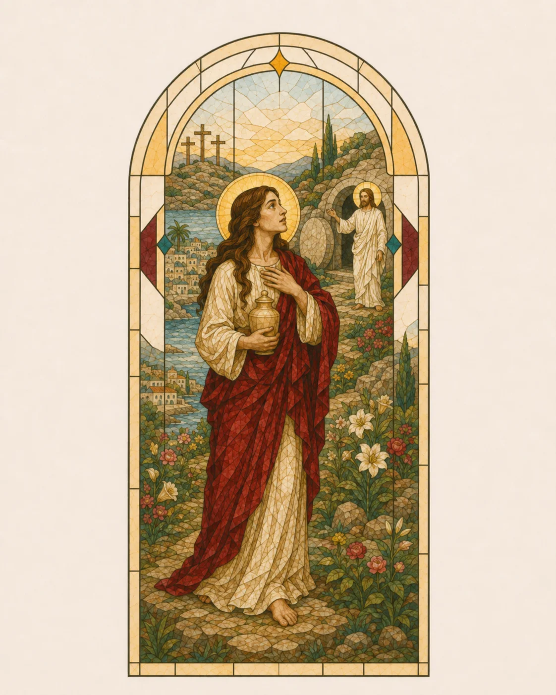 St Mary Magdalene wearing a cream tunic and deep red mantle, holding a jar of spices and turning towards the risen Christ in a garden beside the empty tomb, with the Cross, Sea of Galilee and town of Magdala represented behind her