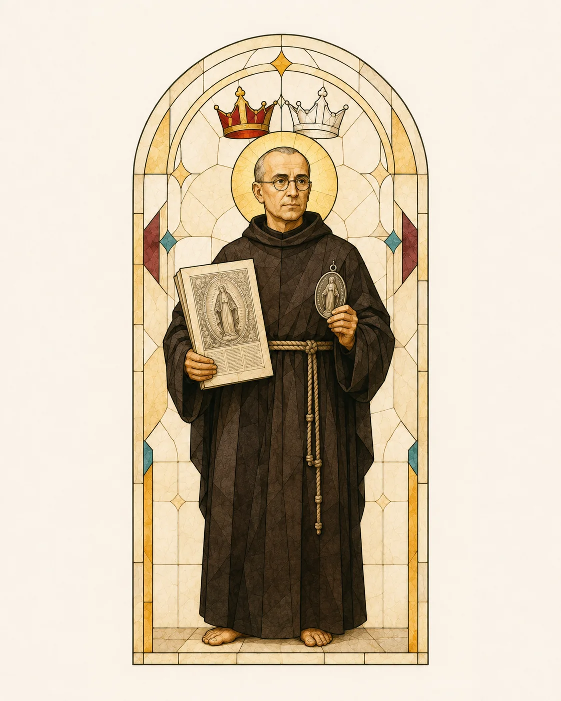 St Maximilian Kolbe wearing a Conventual Franciscan habit and round glasses, holding a printing sheet and a Miraculous Medal, with the red and white crowns of martyrdom and purity above him.