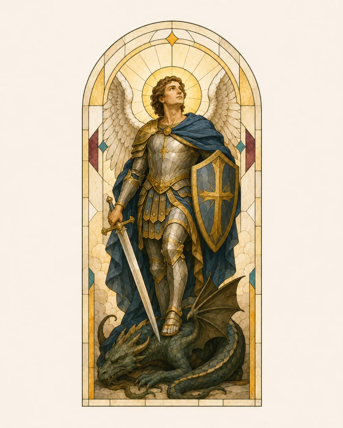 St Michael the Archangel in armour holding a sword and shield while defending God’s people.