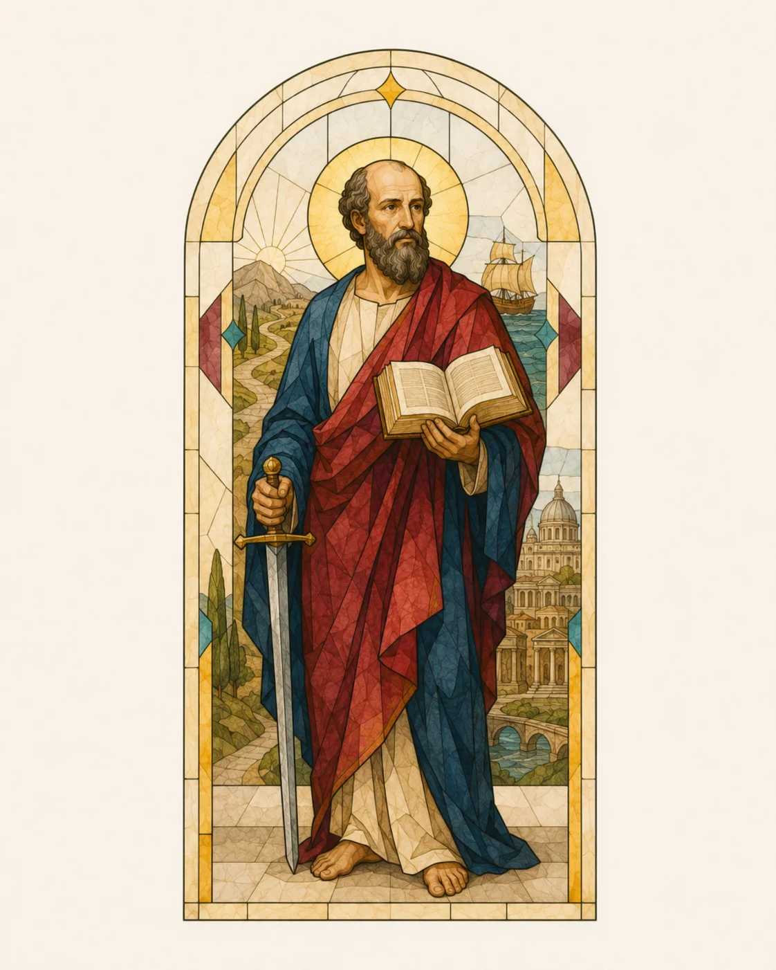 St Paul the Apostle holding a sword and open book, with the road to Damascus, a sailing ship and the city of Rome represented behind him