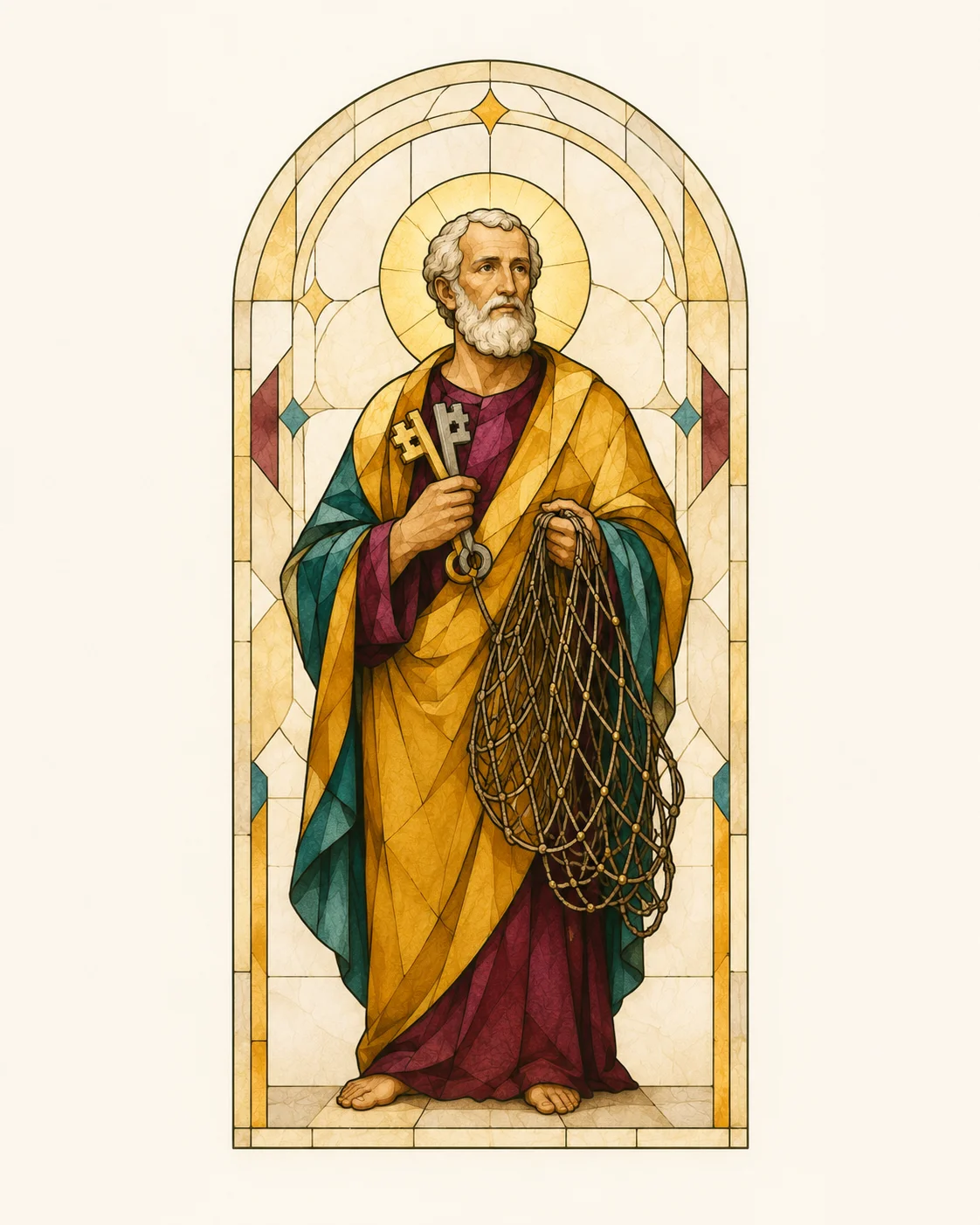 St Peter the Apostle holding the keys of the Kingdom beside a fishing net and rooster, with the city of Rome represented behind him