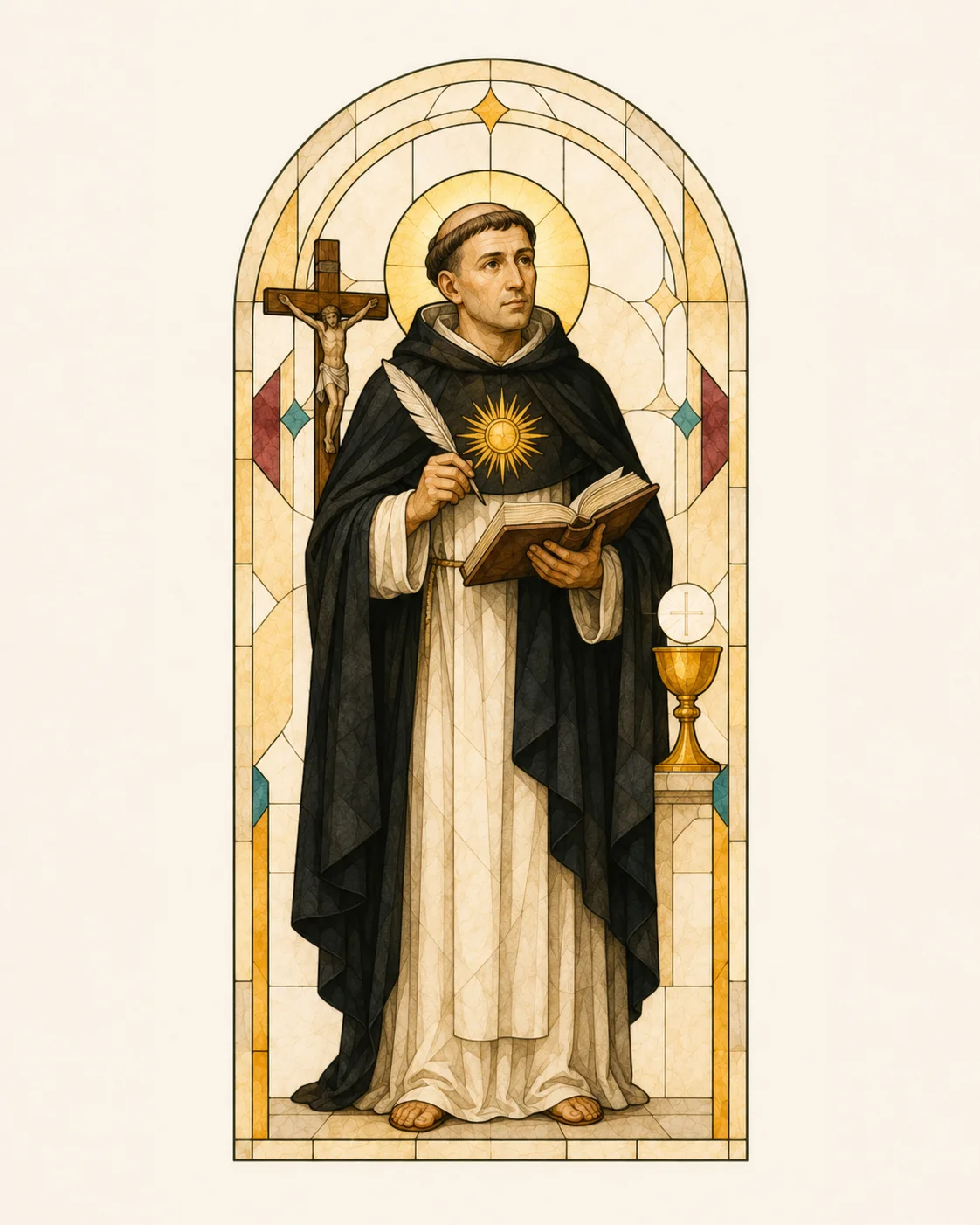 St Thomas Aquinas wearing the black and white Dominican habit, holding a book and quill with a golden sunburst on his chest, beside a crucifix and symbols of the Eucharist.
